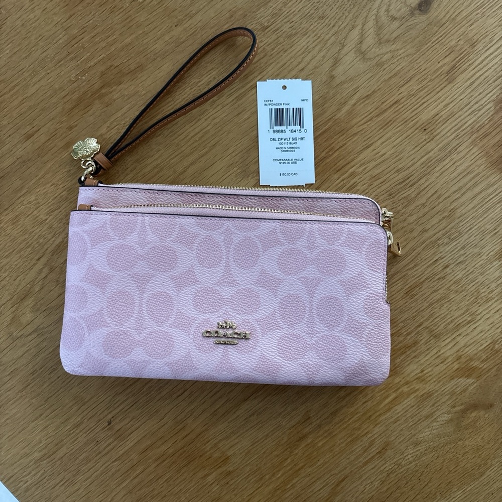 Coach Powder Pink Signature Double Zip Wristlet CEF61